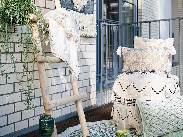 balcony pouffe and storage ladder - take a tour of this lockdown friendly balcony - inspiration - goodhomesmagazine.com