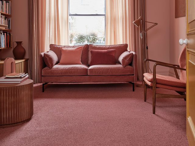 carpet trends: colour drenched living room with pink carpet, sofa and walls