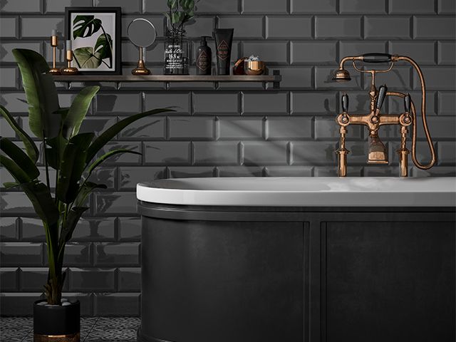 black panelled bath - 5 unique styling tips for grey bathrooms - bathroom - goodhomesmagazine.com