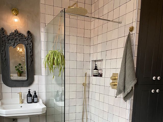 brass shower in white bathroom - take a look at interior stylist Kerry Lockwood's bathroom makeover - bathroom - goodhomesmagazine.com