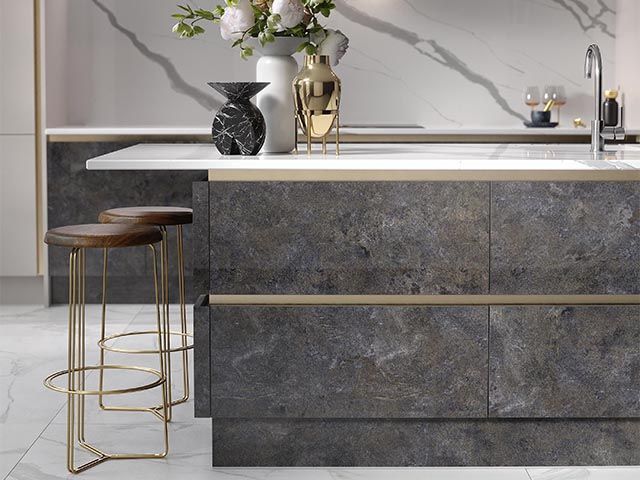 grey and gold kitchen island - how to get the boutique hotel look at home - inspiration - goodhomesmagazine.com