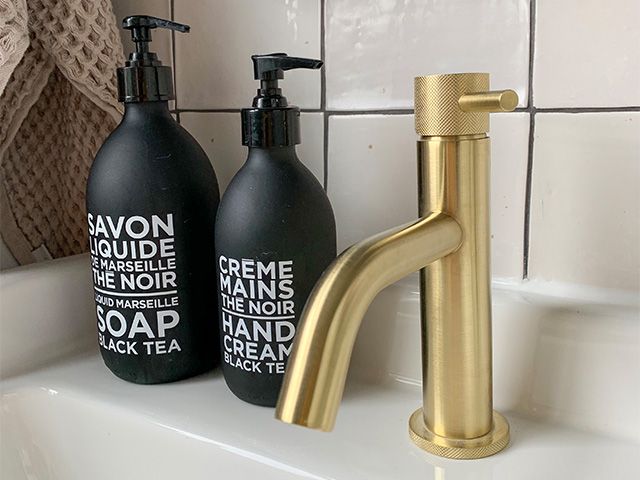liquid hand soap brass tap - take a look at interior stylist Kerry Lockwood's bathroom makeover - bathroom - goodhomesmagazine.com