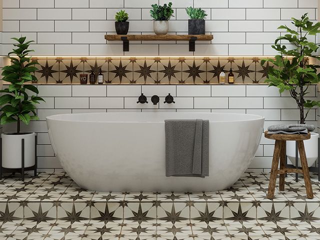 metropolis star tiles - how to create a rustic bathroom - bathroom - goodhomesmagazine.com