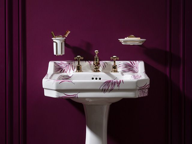 Burlington bathroom sink with large pink botanical illustration motif - goodhomesmagazine.com