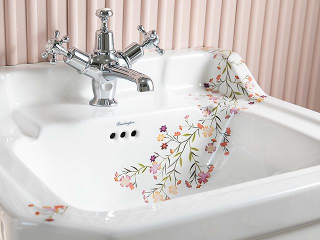 burlington bathroom sink on pedestal with illustrated blossom - goodhomesmagazine.com