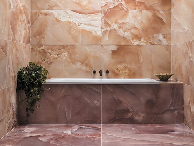 bathroom with statement marble wall tiles - shopping - goodhomesmagazine.com