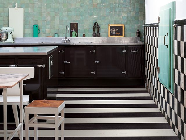 kithcen with black and white stripe floor - inspiration - goodhomesmagazine.com 