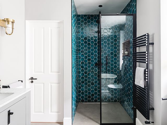 blue hexagon tiles - - take a look at this stylish family bathroom with statement tiles - bathroom - goodhomesmagazine.com