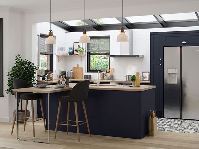 navy and wood kitchen from magnet kitchens
