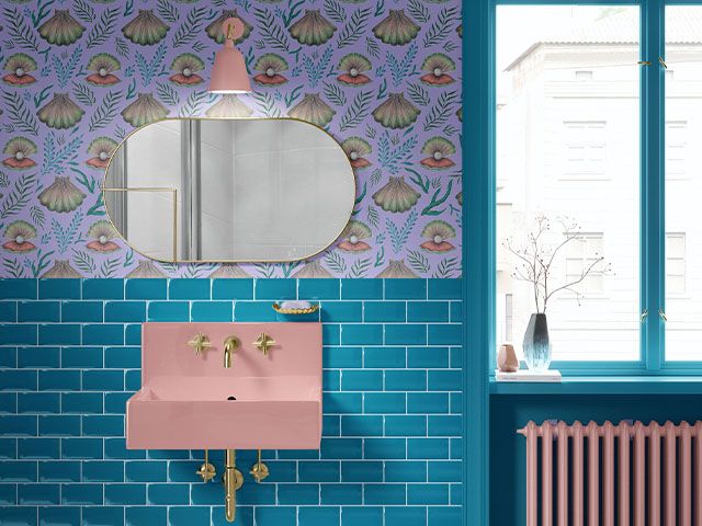 pink basin blue tiles - design ideas for statement bathrooms - bathroom - goodhomesmagazine.com