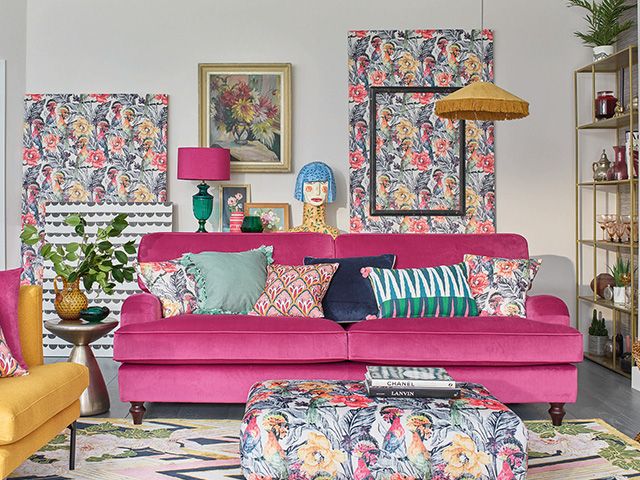 pink velvet sofa - 6 ways to reinvigorate a tired sofa - living room - goodhomesmagazine.com