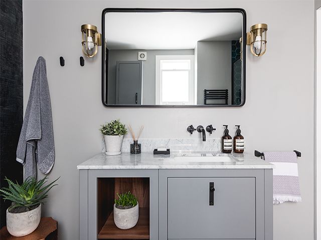 vanity area grey sink - take a look at this stylish family bathroom with statement tiles - bathroom - goodhomesmagazine.com