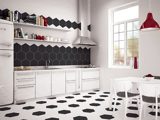kitchen with polka dot hexagon tiled floor - inspiration - goodhomesmagazine.com 