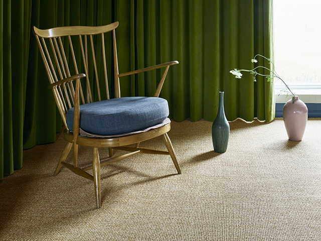 sisal carpet in room with green curtains - bedroom - goodhomesmagazine.com