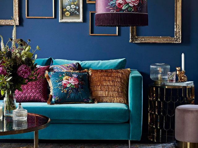 blue velvet sofa copy - our favourite aw20 interior design trends - inspiration - goodhomesmagazine.com