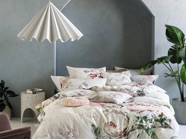 floral bedset concrete bedroom - 6 styling tips for taking the perfect interiors Instagram shot - inspiration - goodhomesmagazine.com