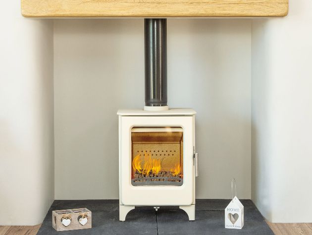 ivory coloured stove in fireplace with mantel and hearthMendip Ashcott Ivory 02 woodburning crop
