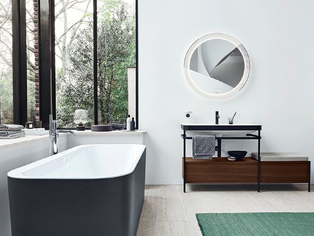 modern bathroom with bath vanity unit and clear windows