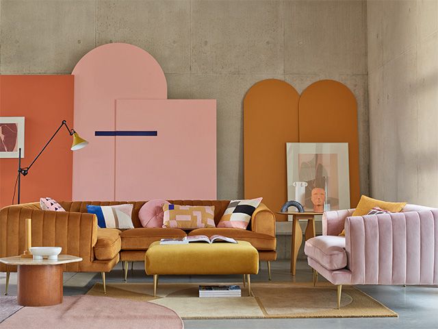 orange corner sofa - a guide to choosing the perfect velvet sofa - living room - goodhomesmagazine.com