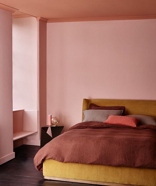 pnk room with darker pink ceiling and yellow bed - goodhomesmagazine.com - inspiration