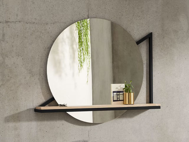 round bathroom mirror with shelf
