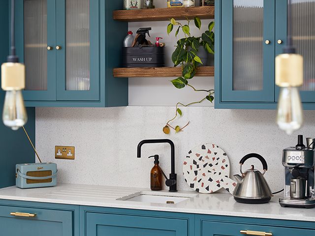black tap in teal kitchen - explore this classic shaker-style kitchen with a modern twist - kitchen - goodhomesmagazine.com
