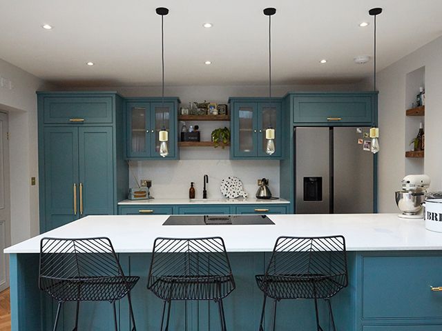 blue and gold kitchen - explore this classic shaker-style kitchen with a modern twist - kitchen - goodhomesmagazine.com