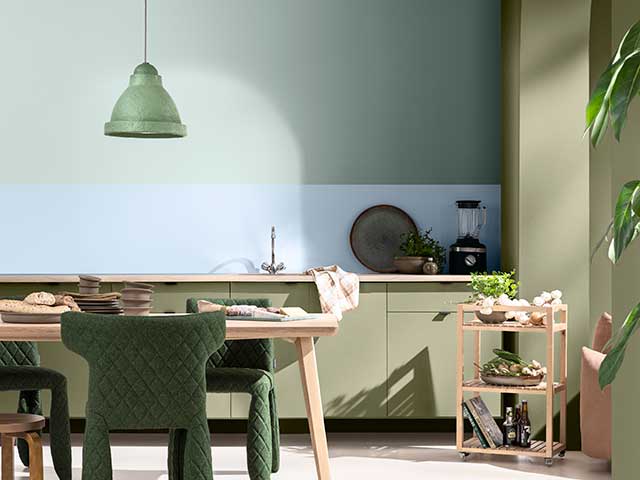 Dulux colour of the year in Greenhouse palette in a dining room/kitchen setting