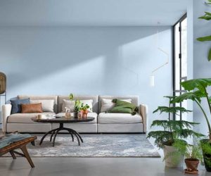 Dulux Colour of the Year, bright skies on walls with cream sofa and wooden floor with green houseplants