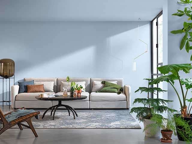 Dulux Colour of the Year, bright skies on walls with cream sofa and wooden floor with green houseplants