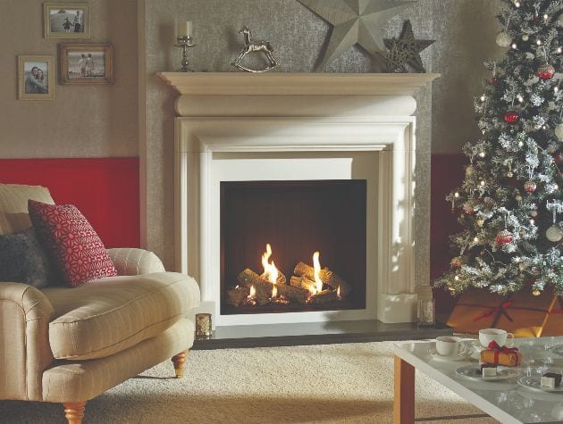 lounge with log effect gas fire and Christmas tree
