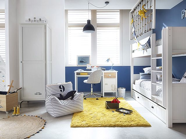 nautical kids bedroom with desk - home office - goodhomesmagazine.com