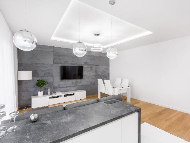 open plan living area with concrete worktop