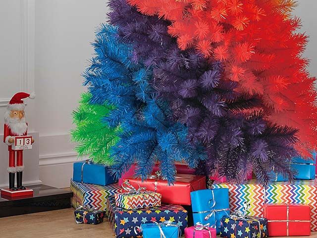 rainbow christmas tree and presents - asda launches giant rainbow christmas tree! - news - goodhomesmagazine