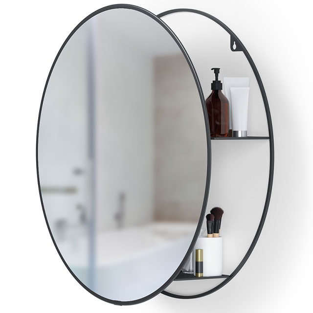 round bathroom mirror with hidden shelves