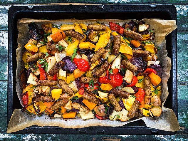 sausage tray bake - 5 heart-warming dinner recipes for autumn - kitchen - goodhomesmagazine.com