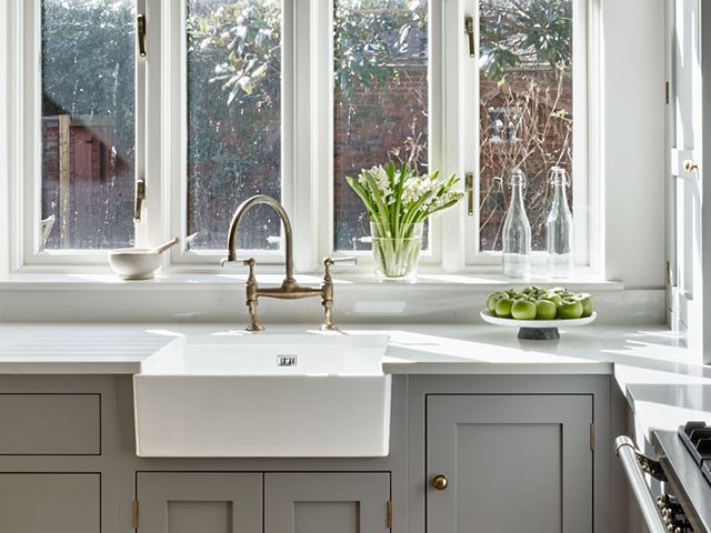 shaker kitchen butler sink - take a tour of alex and olivia from love island kitchen makeover - home tours - goodhomesmagazine.com