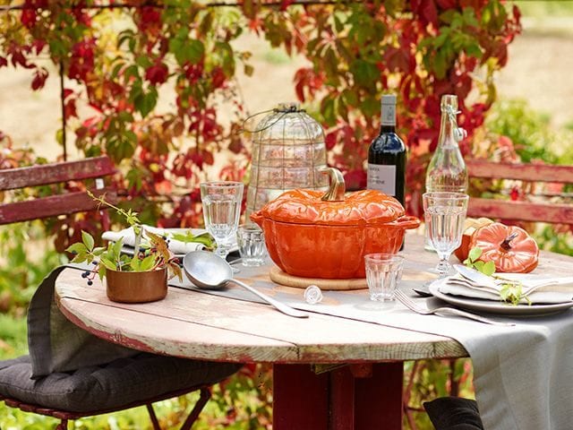 staub pumpkin cocotte on an alfresco dining table - competition - goodhomesmagazine.com
