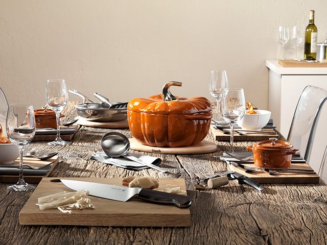 staub pumpkin cocotte on a autumnal dining table - competition - goodhomesmagazine.com