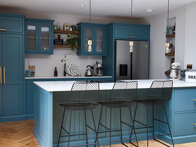 teal and quartz kitchen scheme - explore this classic shaker-style kitchen with a modern twist - kitchen - goodhomesmagazine.com