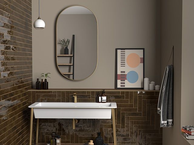 warm neutral bathroom with topps tiles tile of the year Zellica Bronze - news - goodhomesmagazine.com