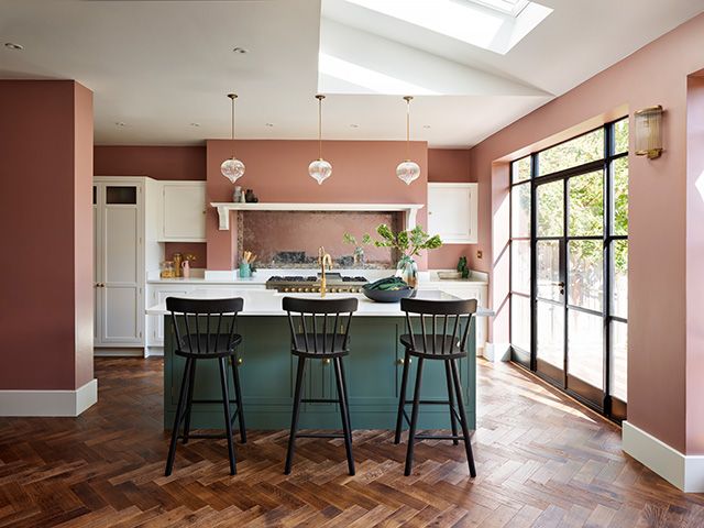 Pink and green open plan kitchen - goodhomesmagazine.com