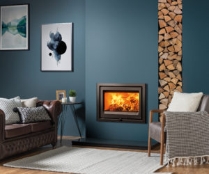 Inset wood burner in a blue living room