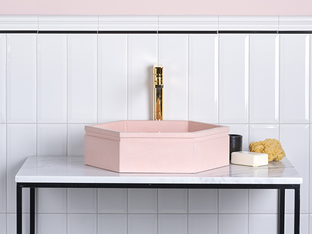 bathroom with pink basic and white tiles - goodhomesmagazine.com