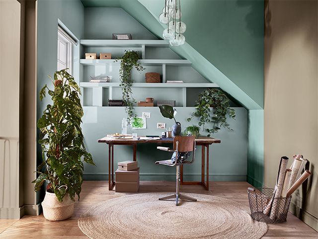 green and beige home office - 4 ways to use Brave Ground in a home office - home office - goodhomesmagazine.com