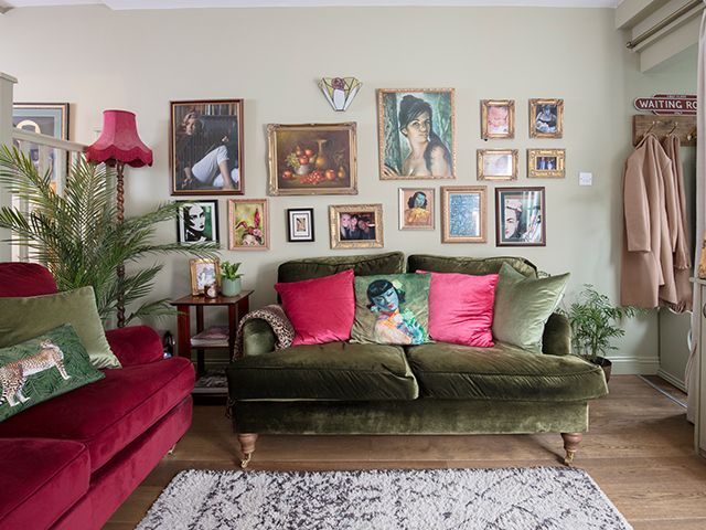 pink velvet sofa - explore this eclectic pink victorian home - home tours - goodhomesmagazine.com