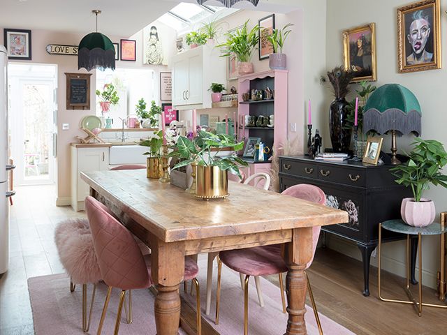 pink vintage kitchen diner - explore this eclectic pink victorian home - home tours - goodhomesmagazine.com