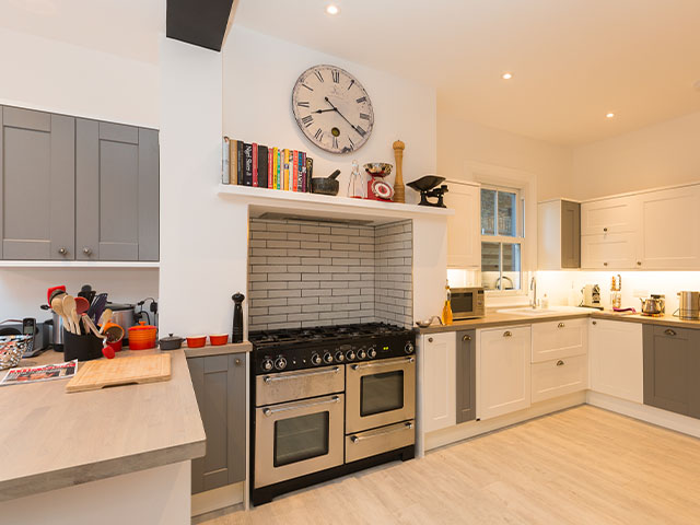 two tone grey and white kitchen