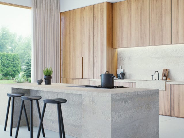 kitchen with stone island and wood cabinet doors