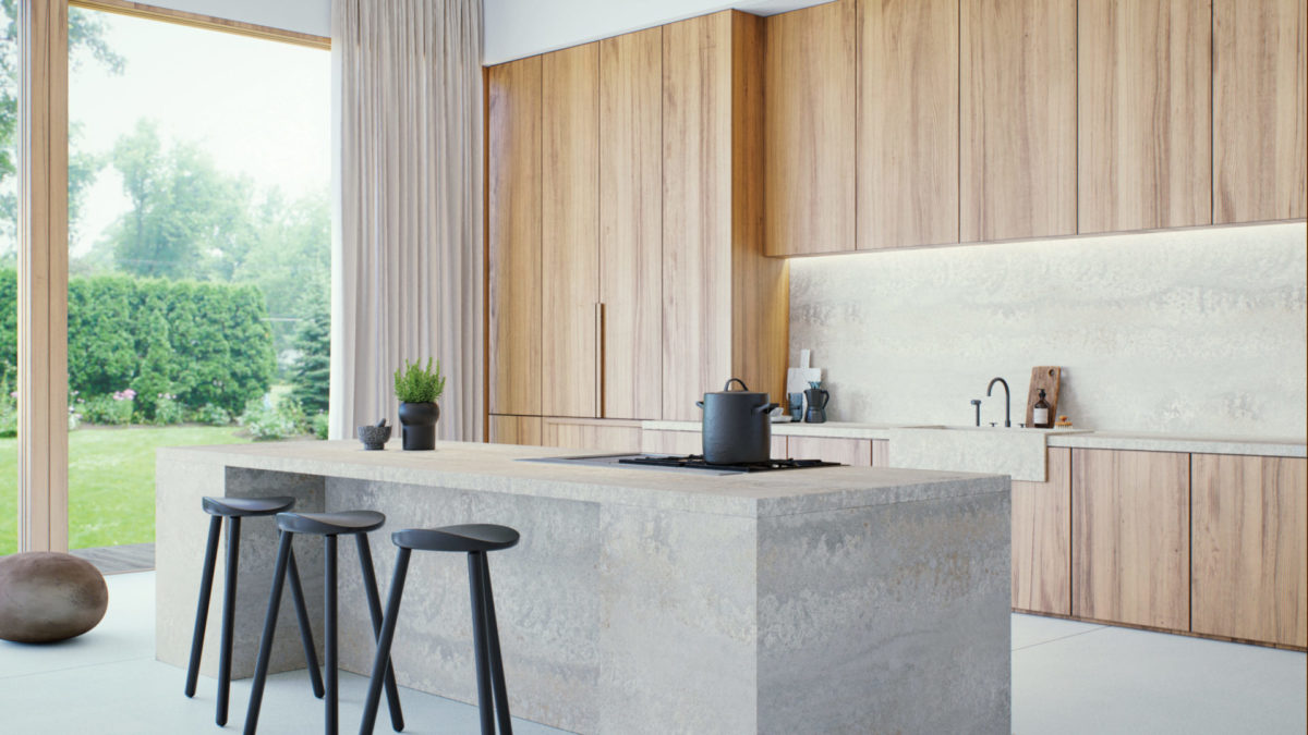 kitchen with stone island and wood cabinet doors